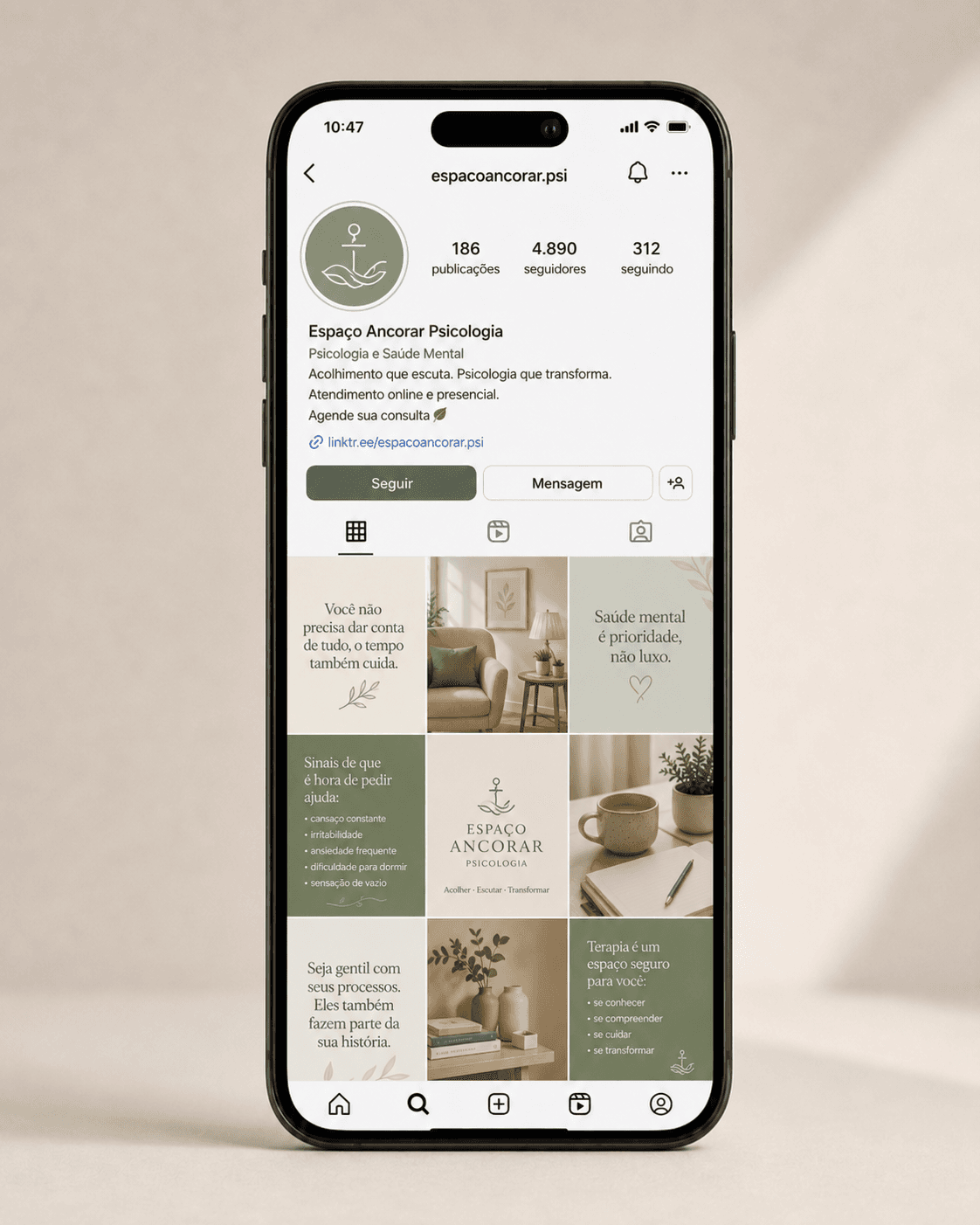 Mockup de feed do Instagram para psicólogo