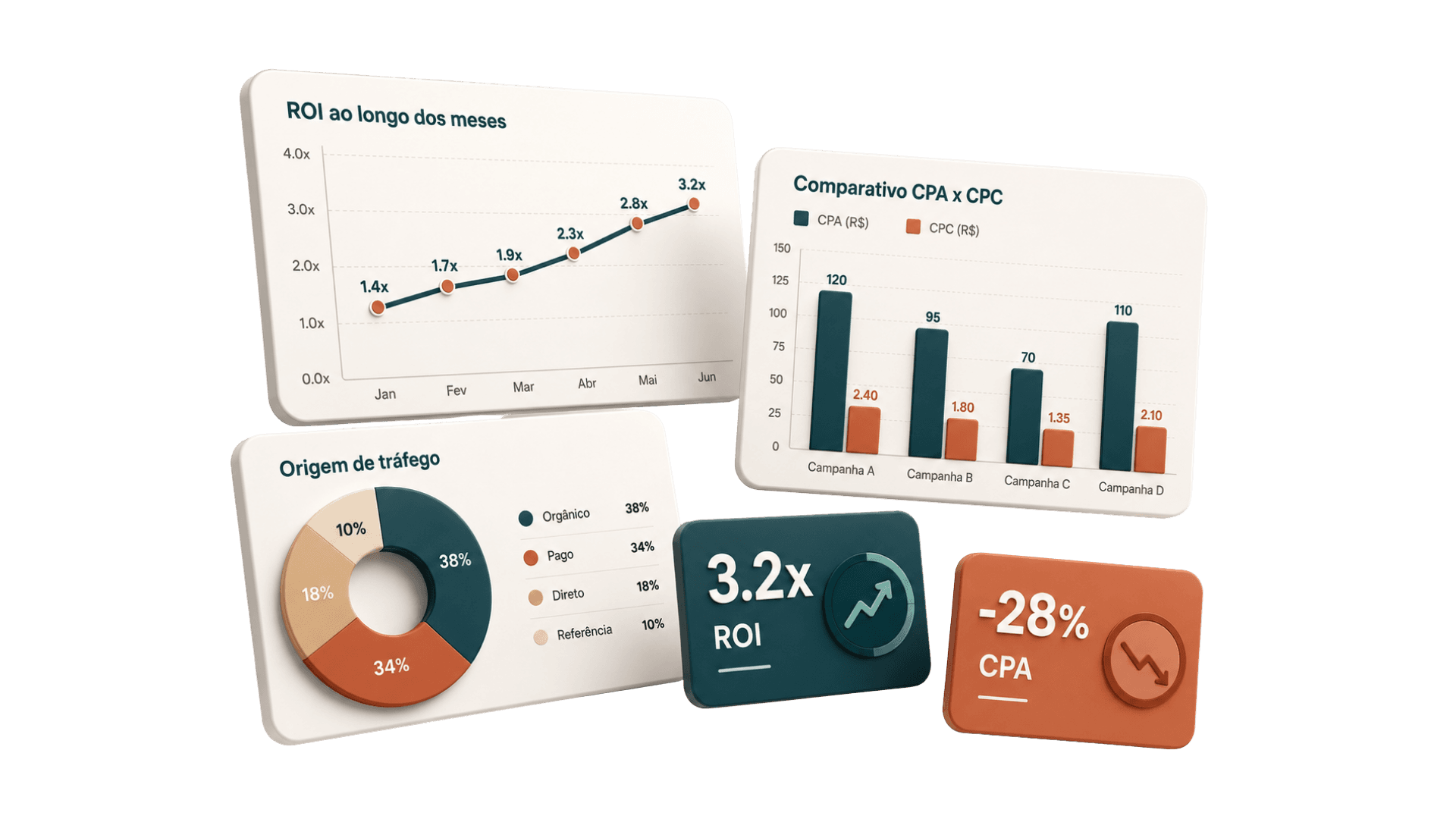 Mockup de gráficos de ROI, CPA e origem de tráfego