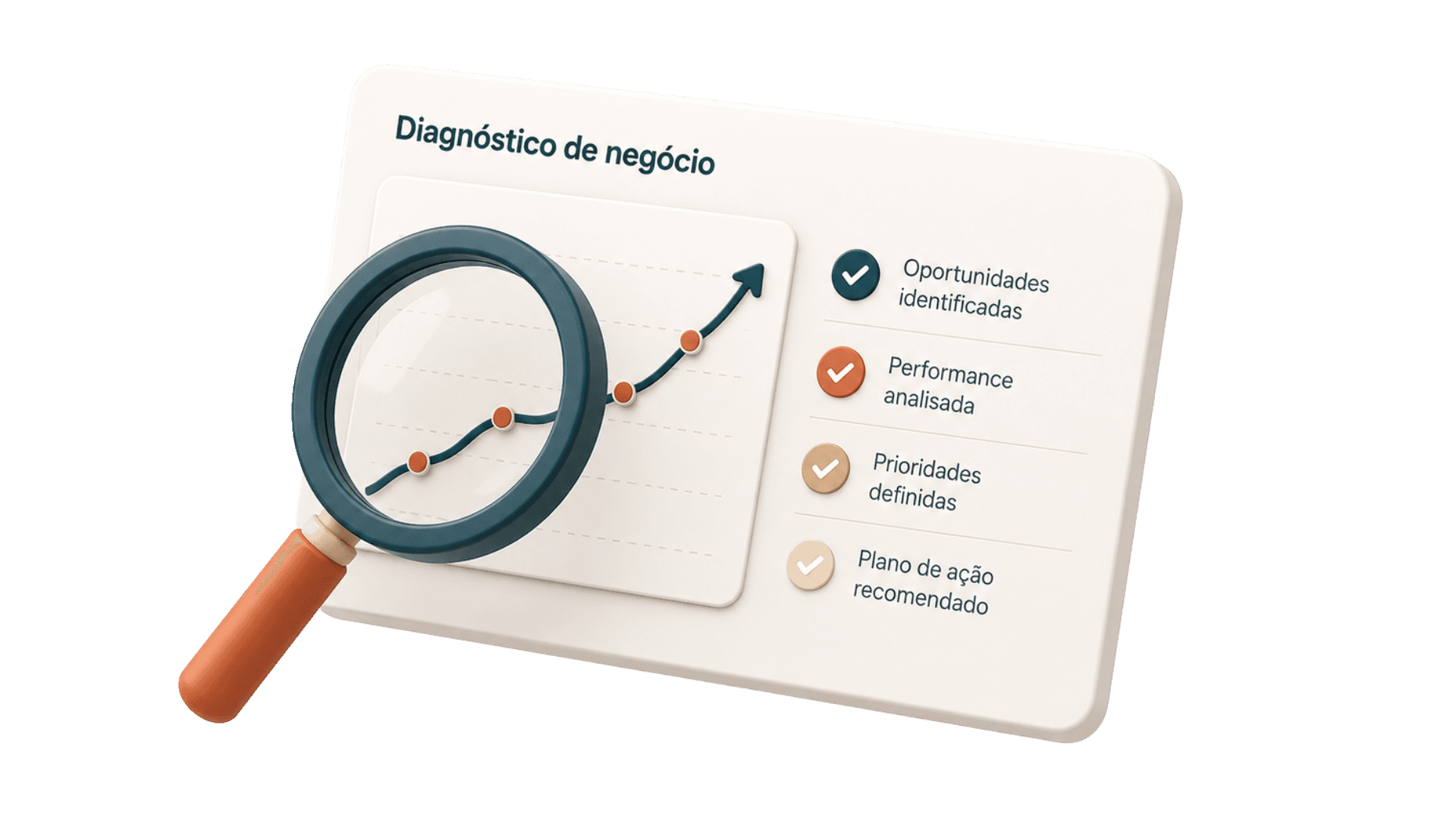 Ilustração 3D de diagnóstico de negócio: lupa, gráfico de crescimento e checklist